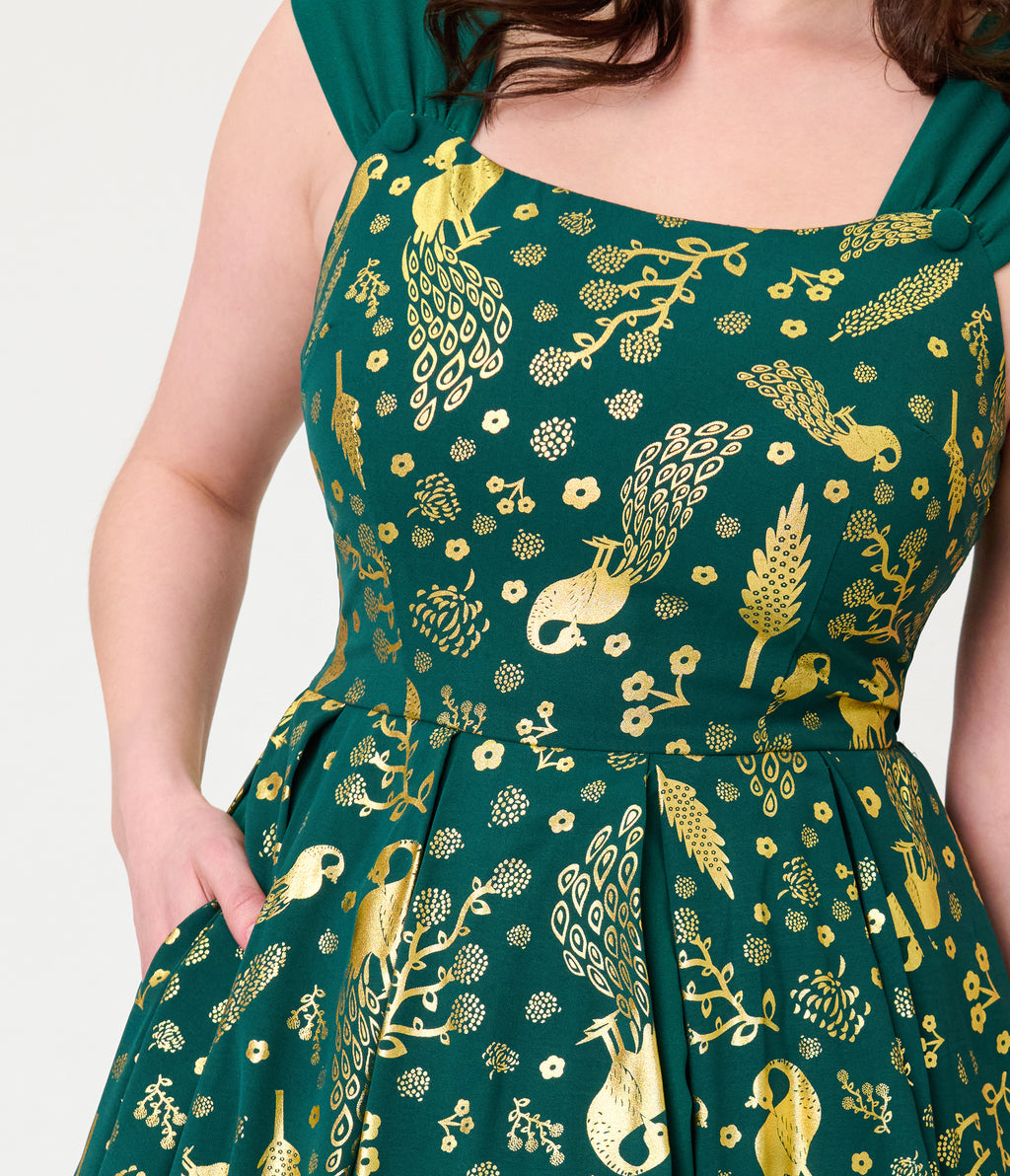 Unique Vintage Green & Gold Peacock Swing Dress