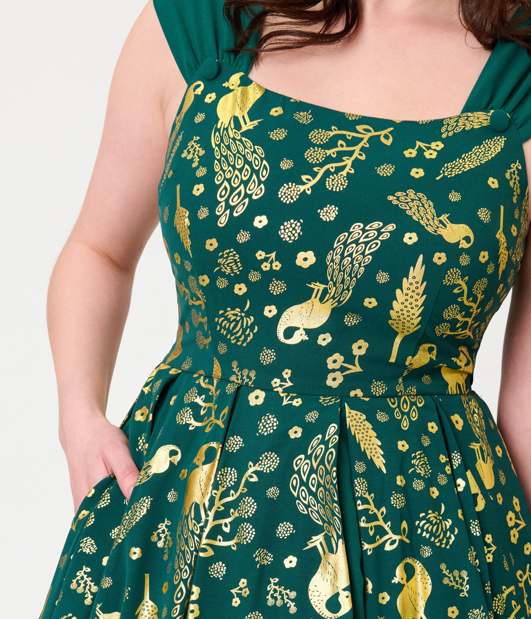 Unique Vintage Green & Gold Peacock Swing Dress