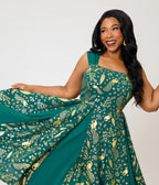 Unique Vintage Plus Size Green & Gold Peacock Swing Dress