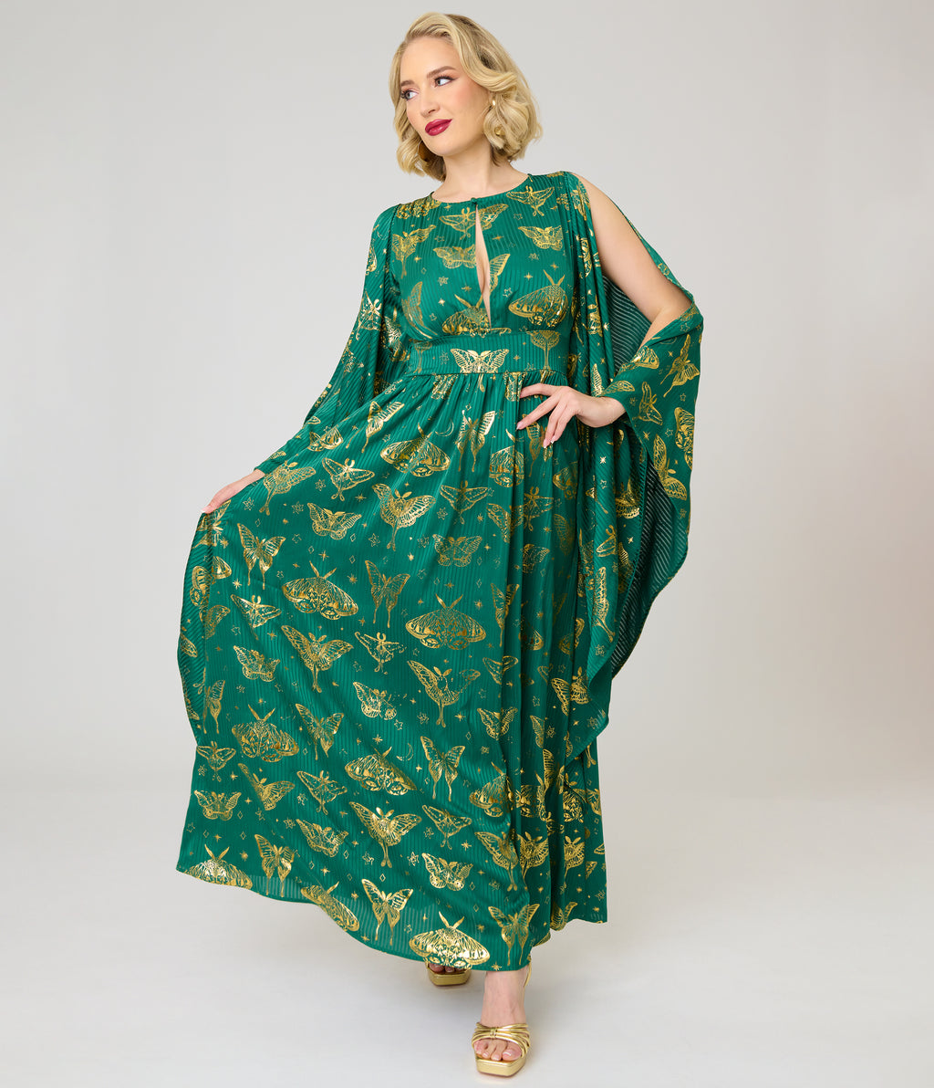 Unique Vintage Green & Gold Moth Foil Flutter Sleeve Dionne Caftan