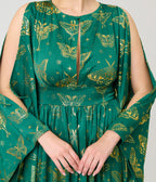 Unique Vintage Green & Gold Moth Foil Flutter Sleeve Dionne Caftan