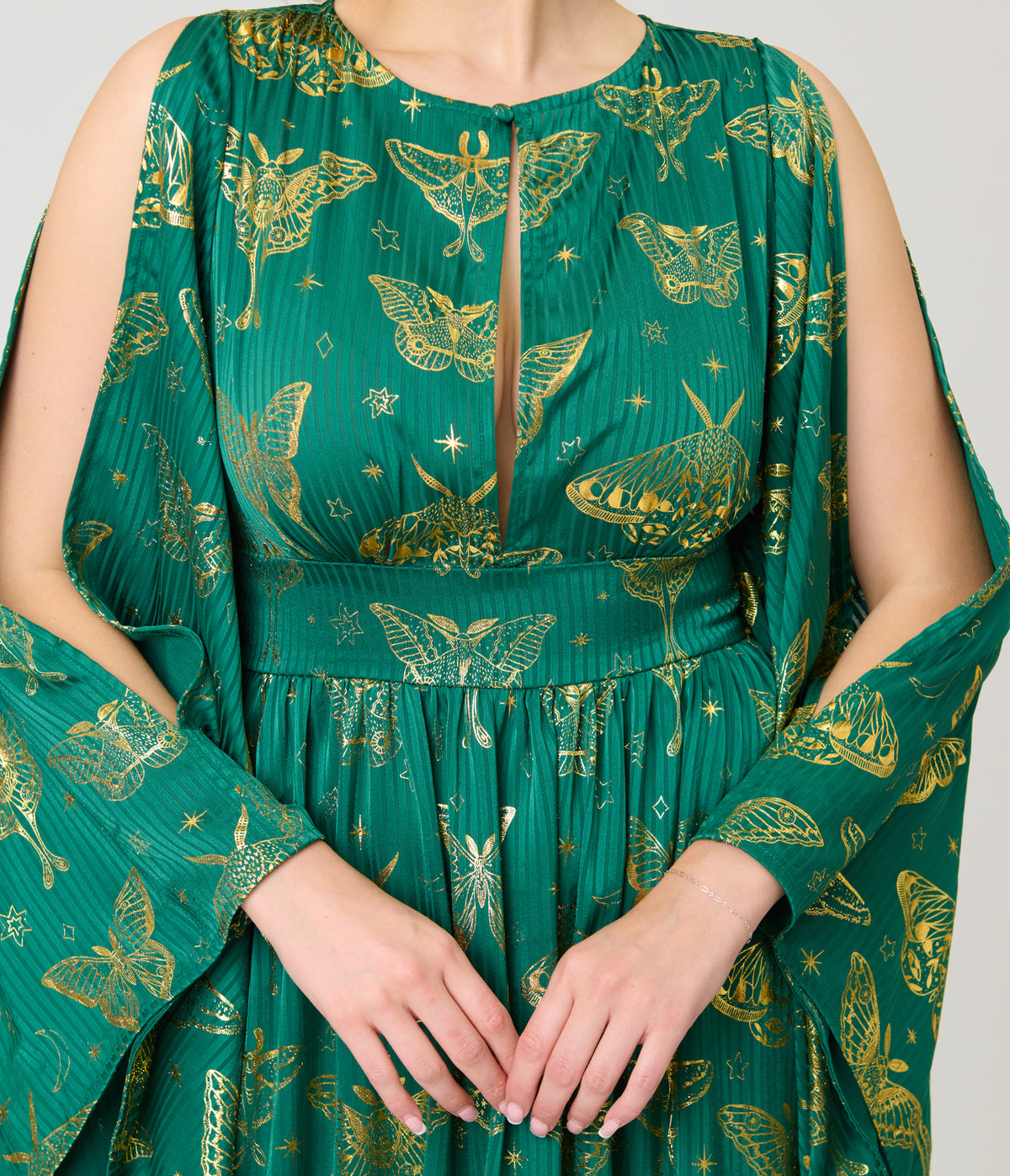 Unique Vintage Green & Gold Moth Foil Flutter Sleeve Dionne Caftan