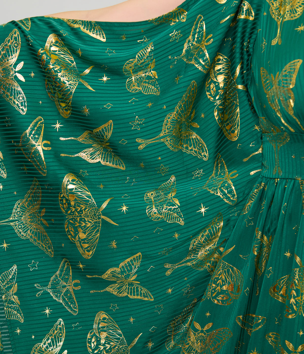 Unique Vintage Green & Gold Moth Foil Flutter Sleeve Dionne Caftan