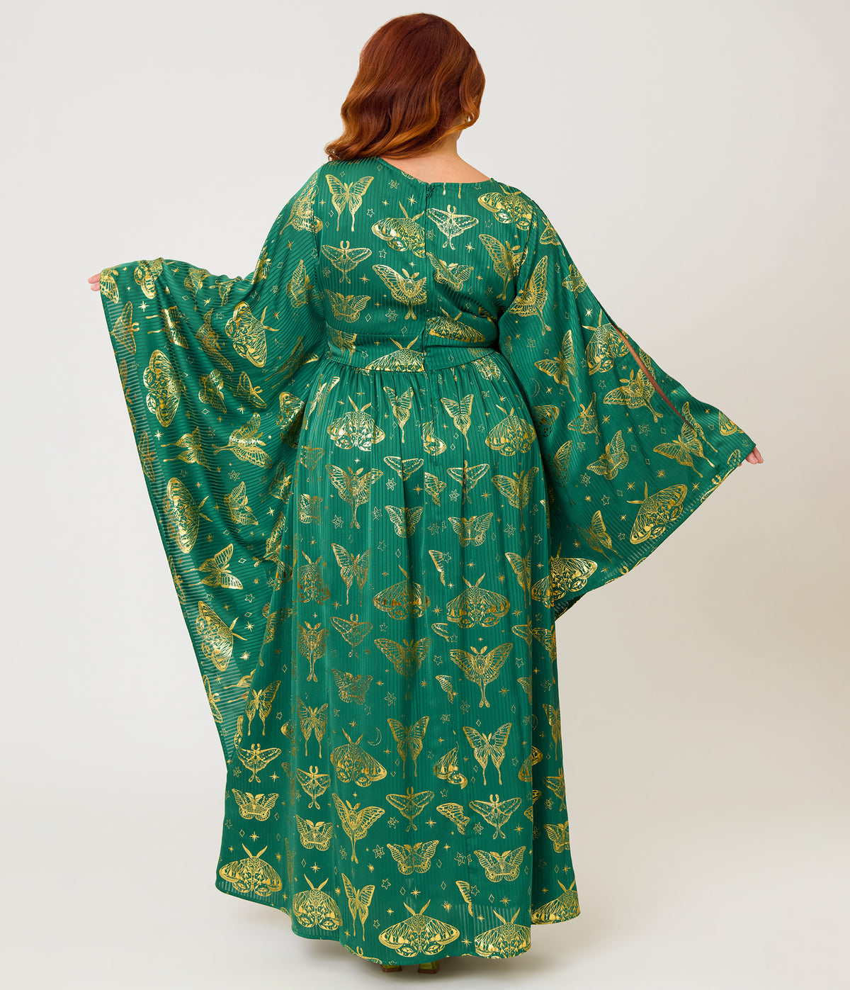 Unique Vintage Plus Size Green & Gold Moth Foil Flutter Sleeve Dionne Caftan