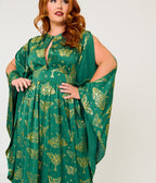 Unique Vintage Plus Size Green & Gold Moth Foil Flutter Sleeve Dionne Caftan