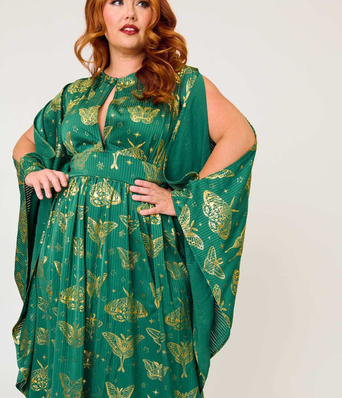 Unique Vintage Plus Size Green & Gold Moth Foil Flutter Sleeve Dionne Caftan