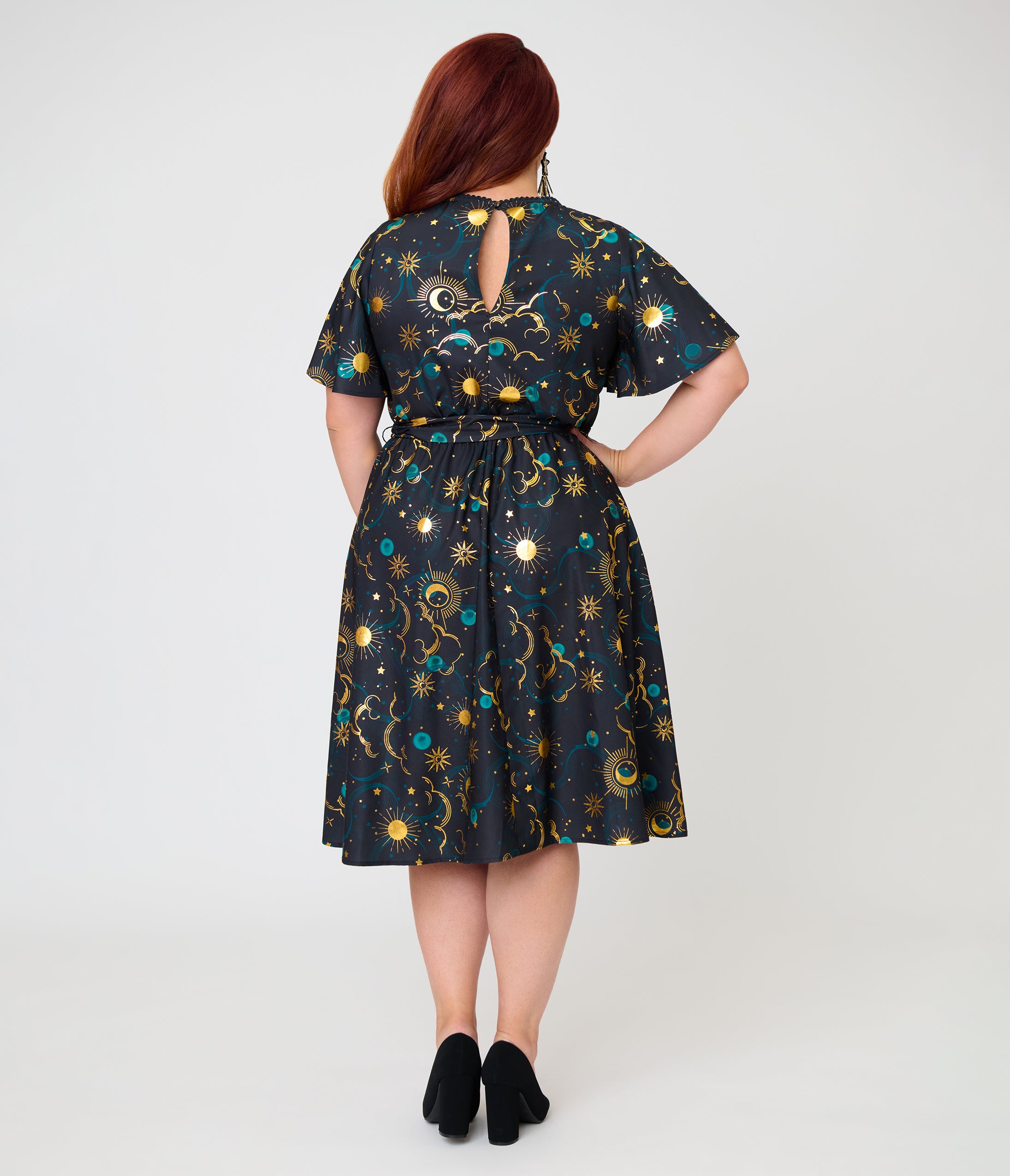 Unique Vintage Plus Size Black Celestial Print Swing Dress