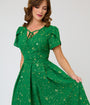 Unique Vintage Green & Gold Star Dahlia Swing Dress