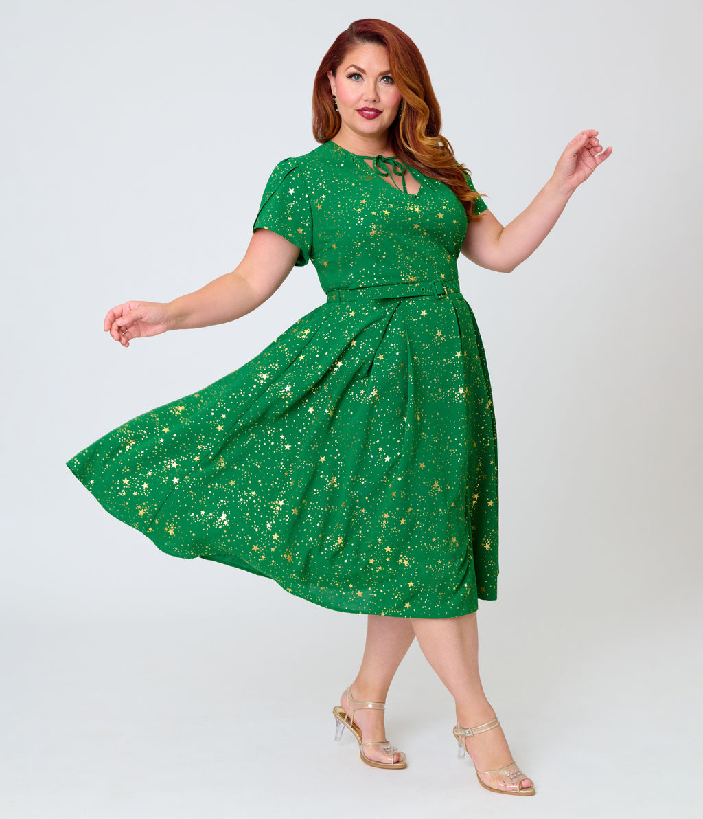 Unique Vintage Plus Size Green & Gold Star Dahlia Swing Dress