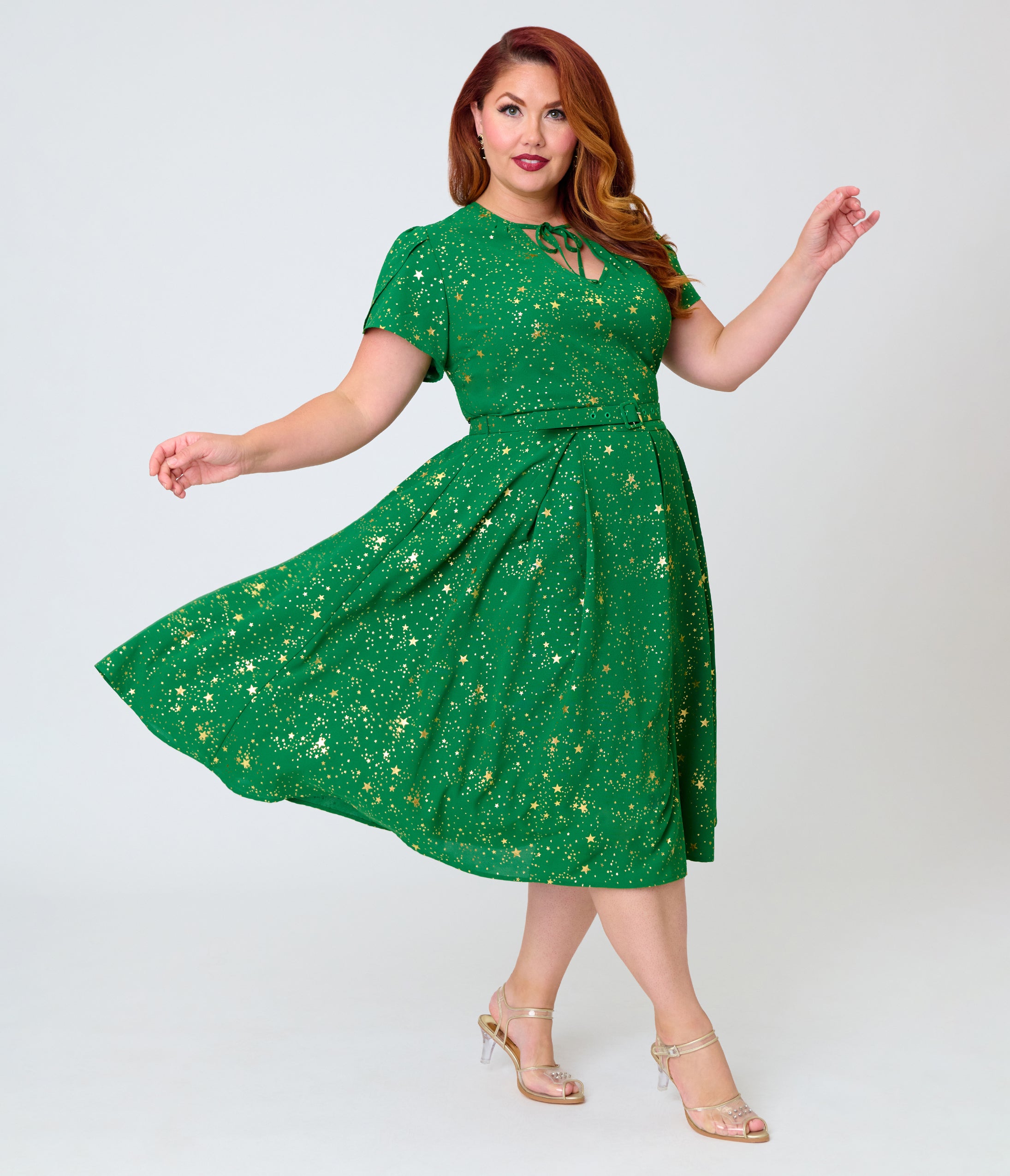 Unique Vintage Plus Size Green & Gold Star Dahlia Swing Dress