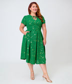 Unique Vintage Plus Size Green & Gold Star Dahlia Swing Dress