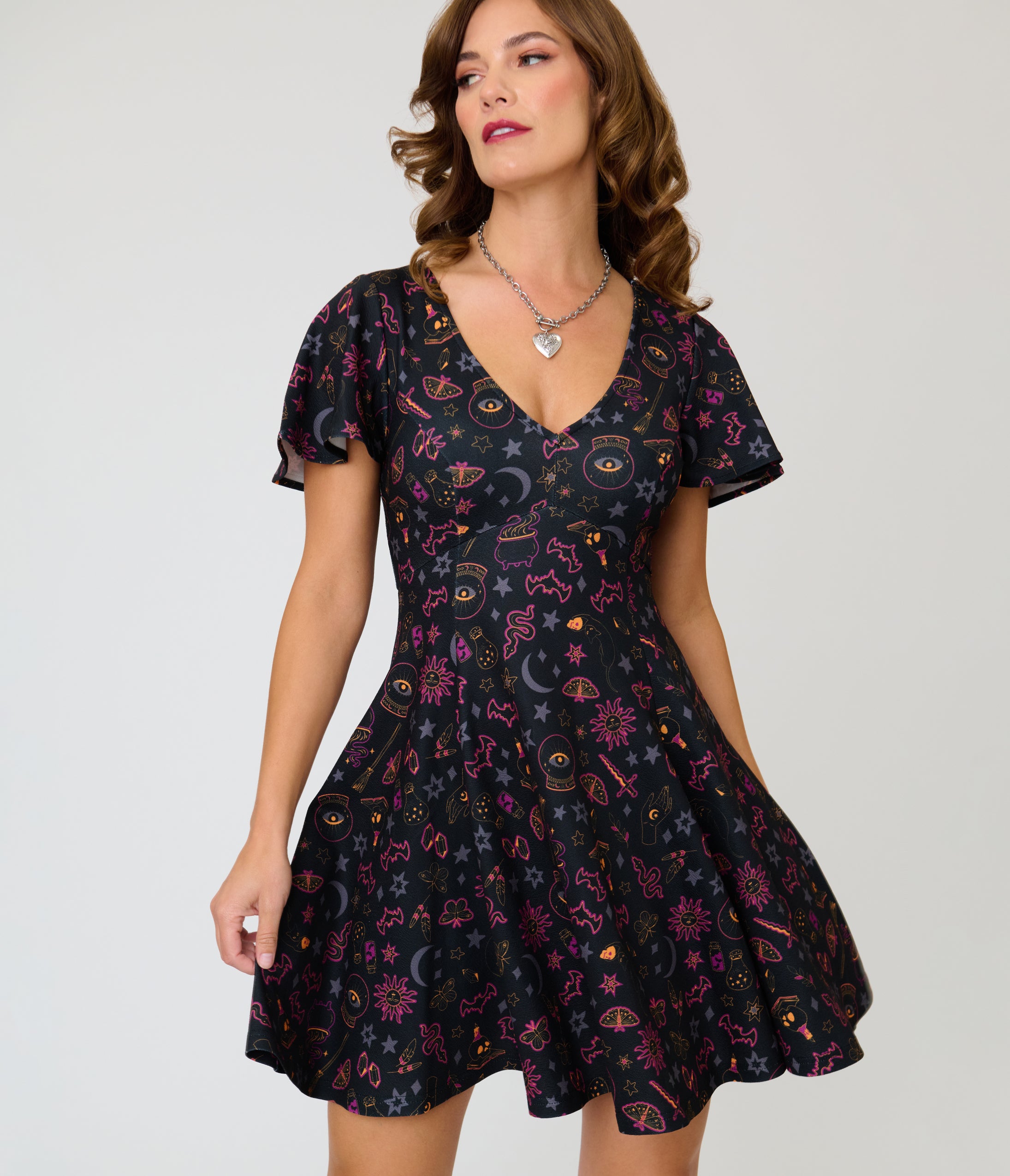 Unique Vintage Black Mystical Icons Poppy Flare Dress