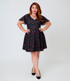 Unique Vintage Plus Size Black Mystical Icons Poppy Flare Dress