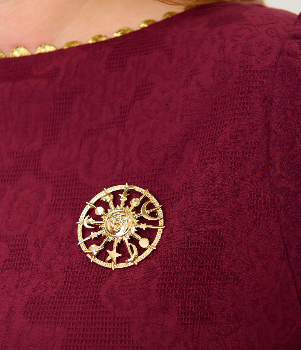 Unique Vintage Plus Size Burgundy Celestial Pin Swing Dress