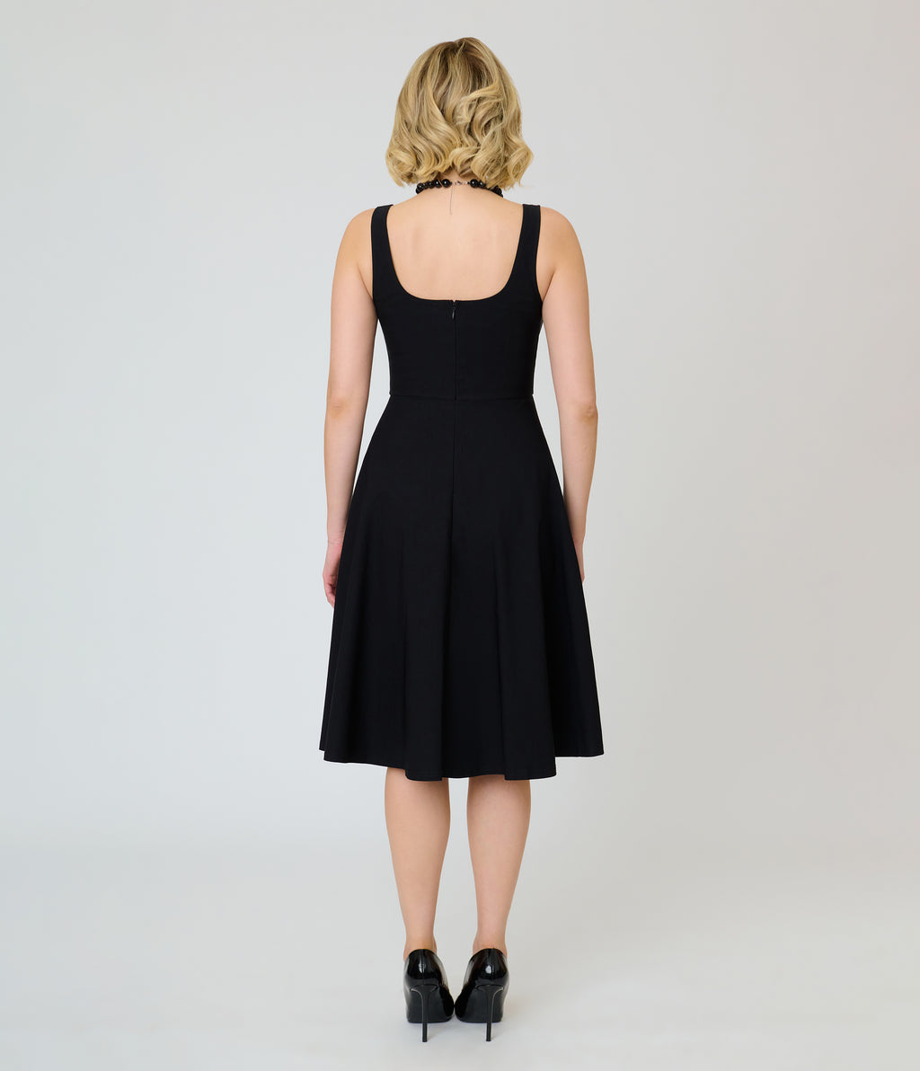 Unique Vintage Black Square Neck Pleated Swing Dress