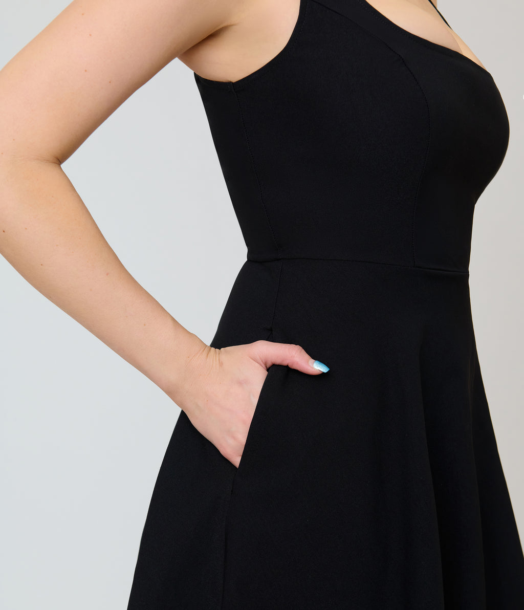 Unique Vintage Black Square Neck Pleated Swing Dress