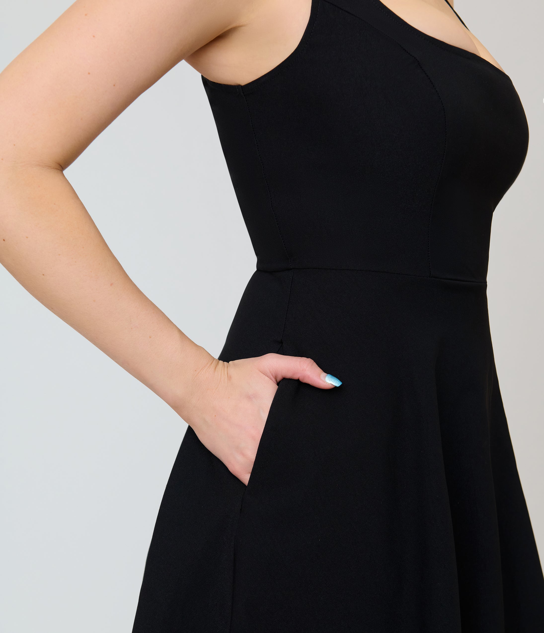 Unique Vintage Black Square Neck Pleated Swing Dress