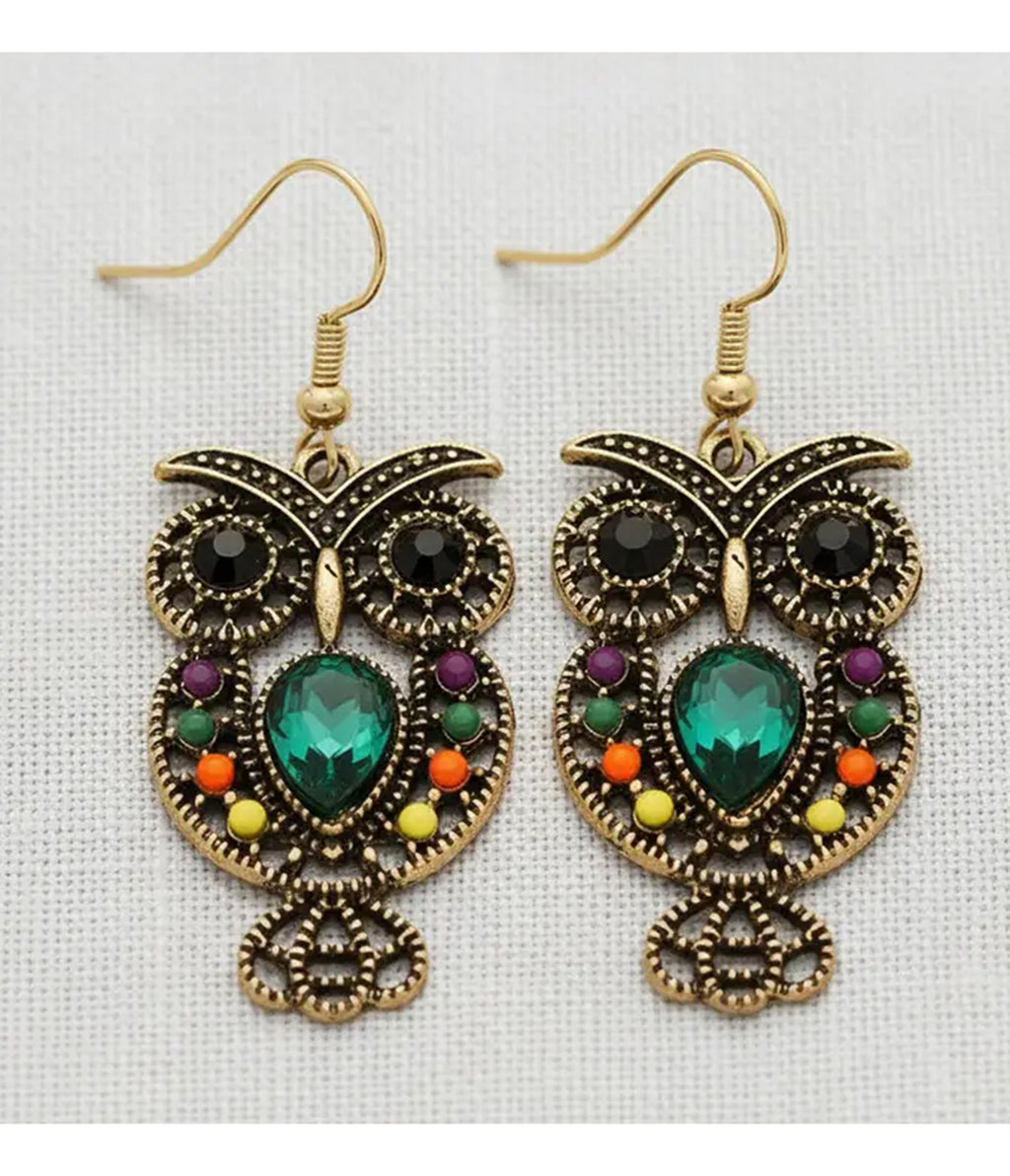 Gold Tone Bejeweled Owl Drop Earrings