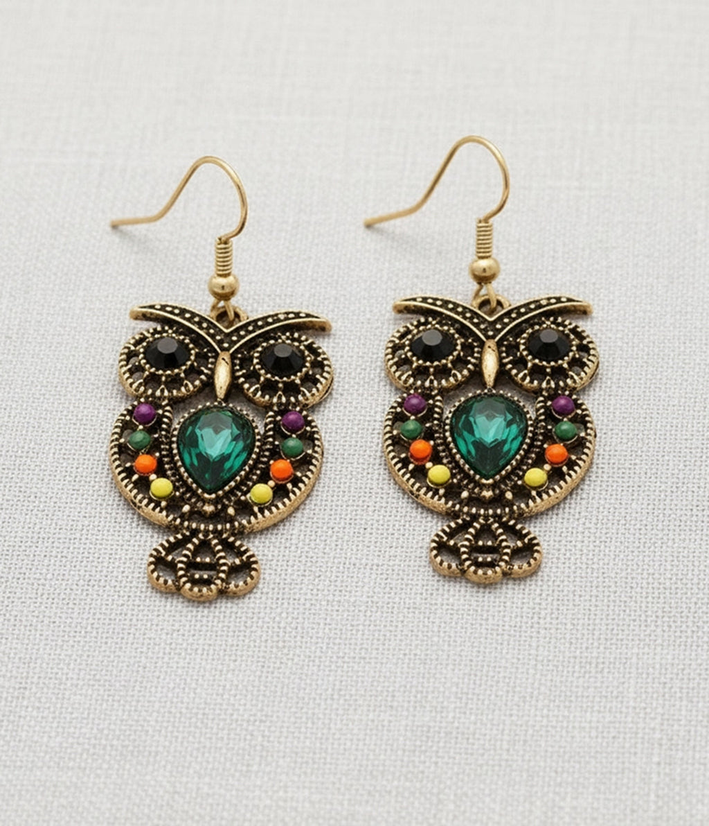 Gold Tone Bejeweled Owl Drop Earrings