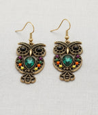 Gold Tone Bejeweled Owl Drop Earrings