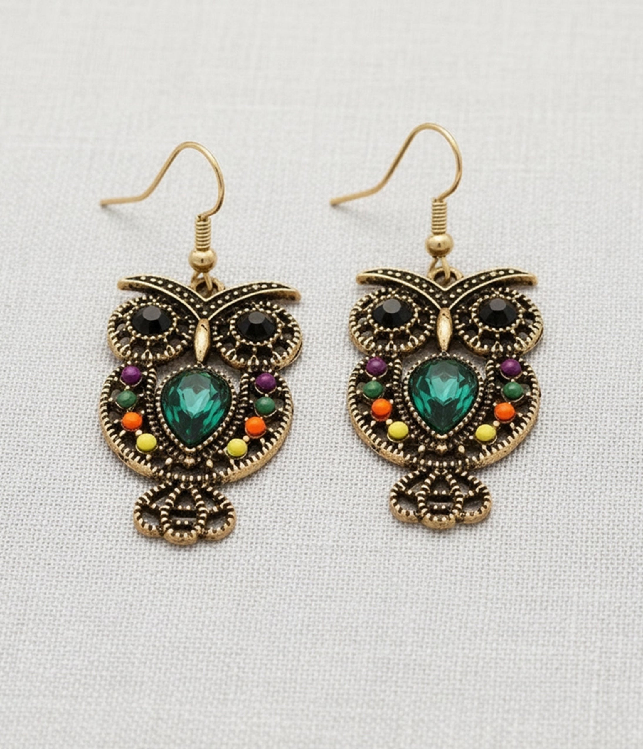 Gold Tone Bejeweled Owl Drop Earrings