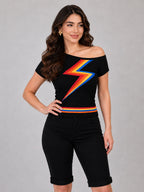 Black Rainbow Lightning One Shoulder Knit Top