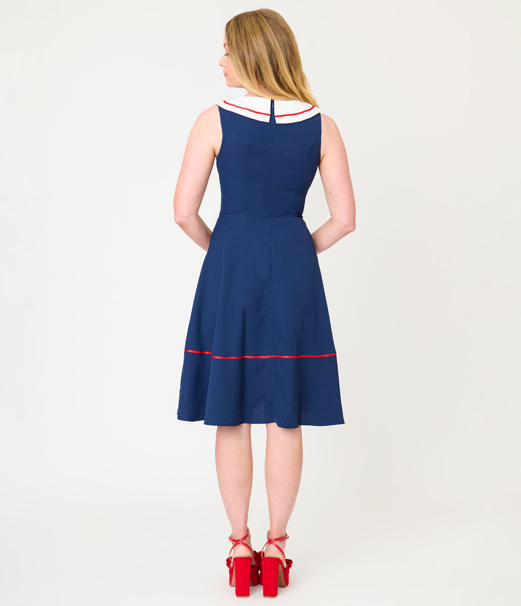 Navy & White Collared Flare Dress