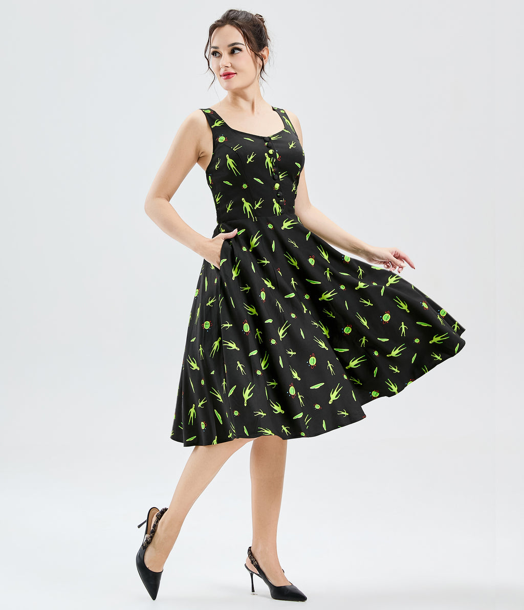 Black Little Green Visitors Heidi Swing Dress