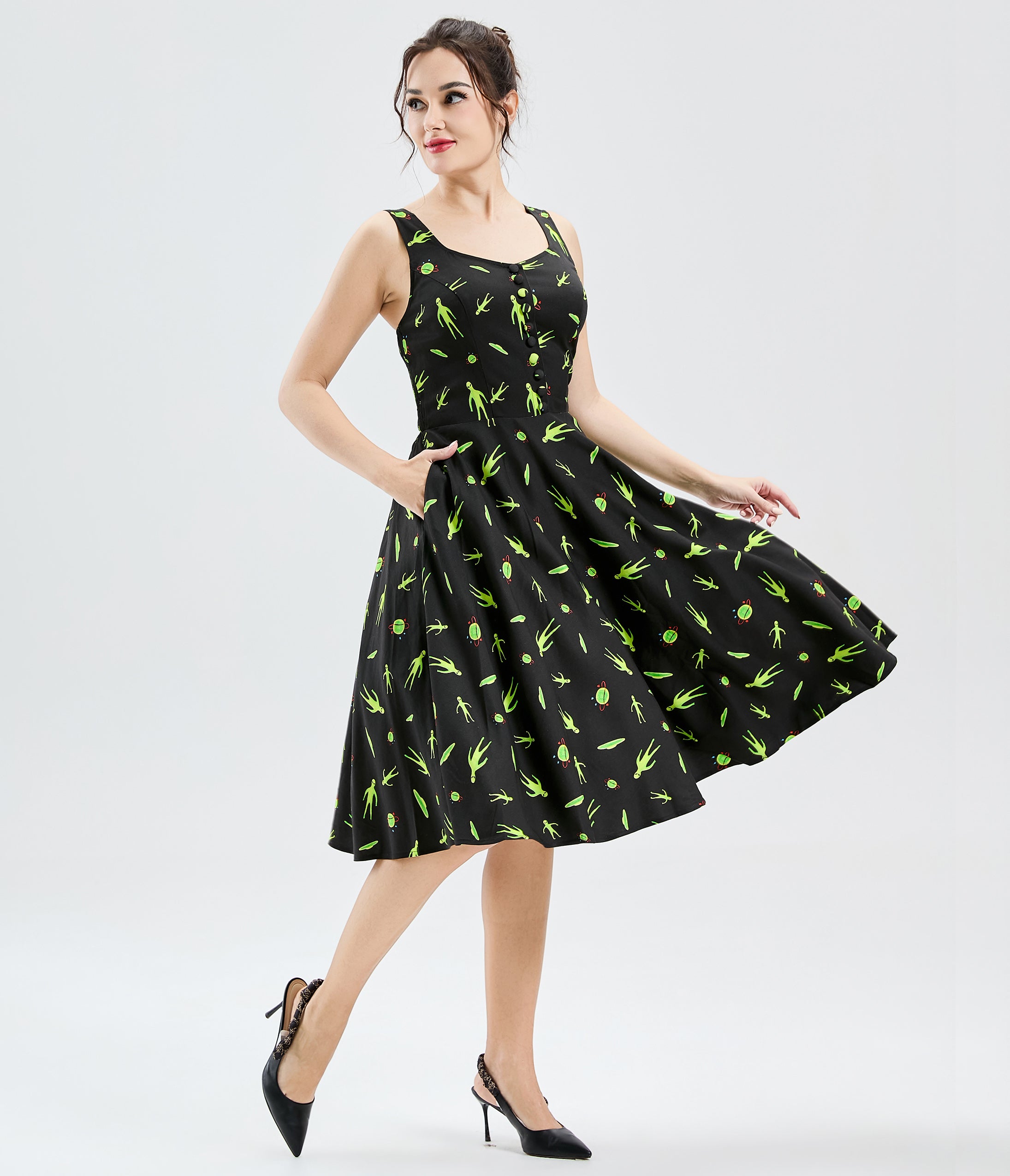 Black Little Green Visitors Heidi Swing Dress