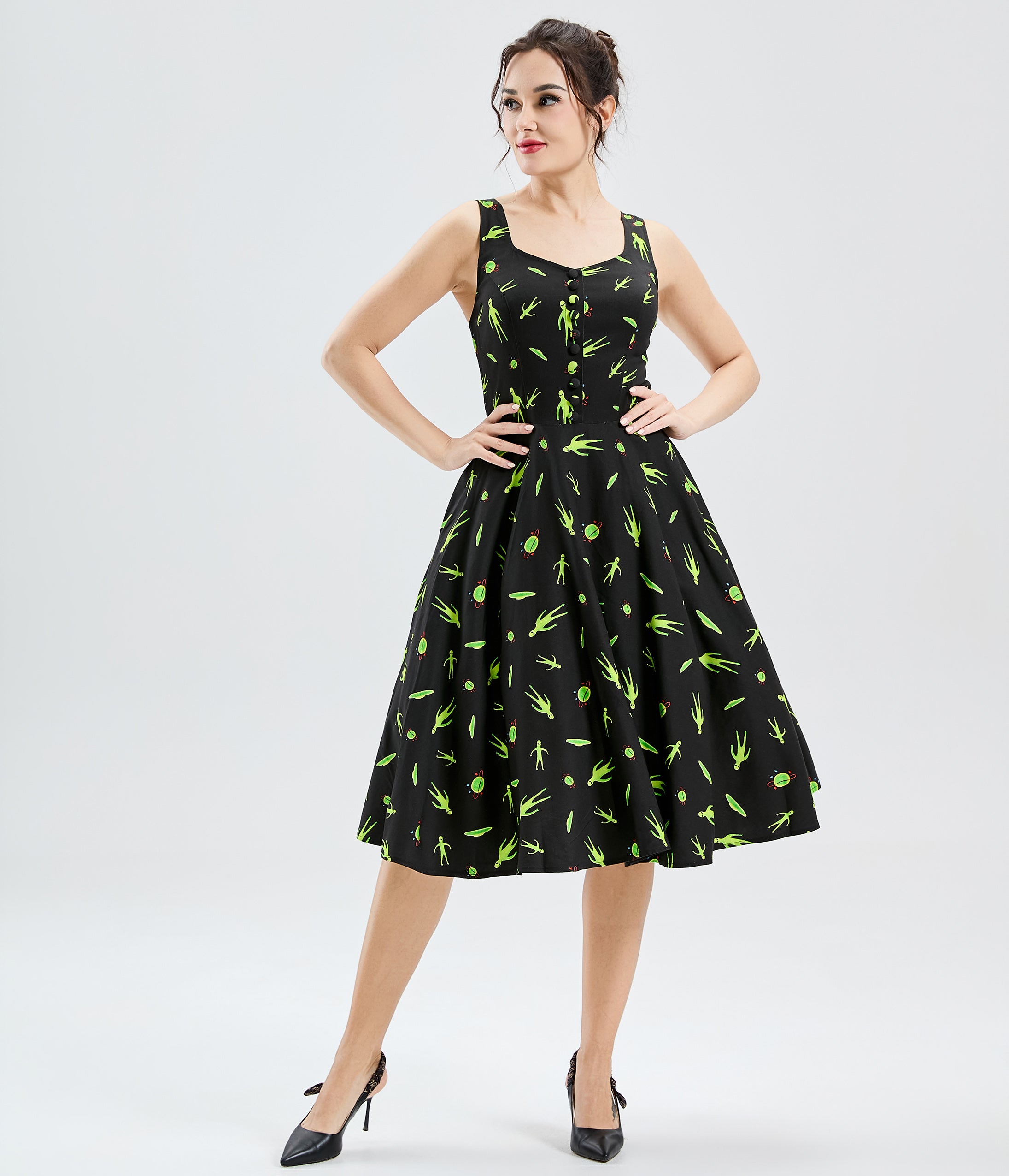 Black Little Green Visitors Heidi Swing Dress