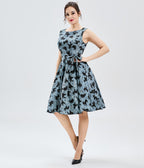 Blue & Black Cat Print Cotton Swing Dress
