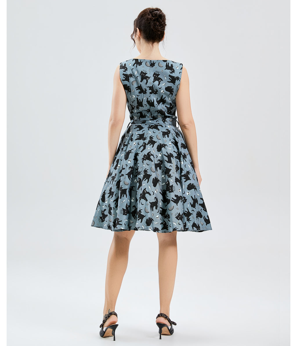 Blue & Black Cat Print Cotton Swing Dress