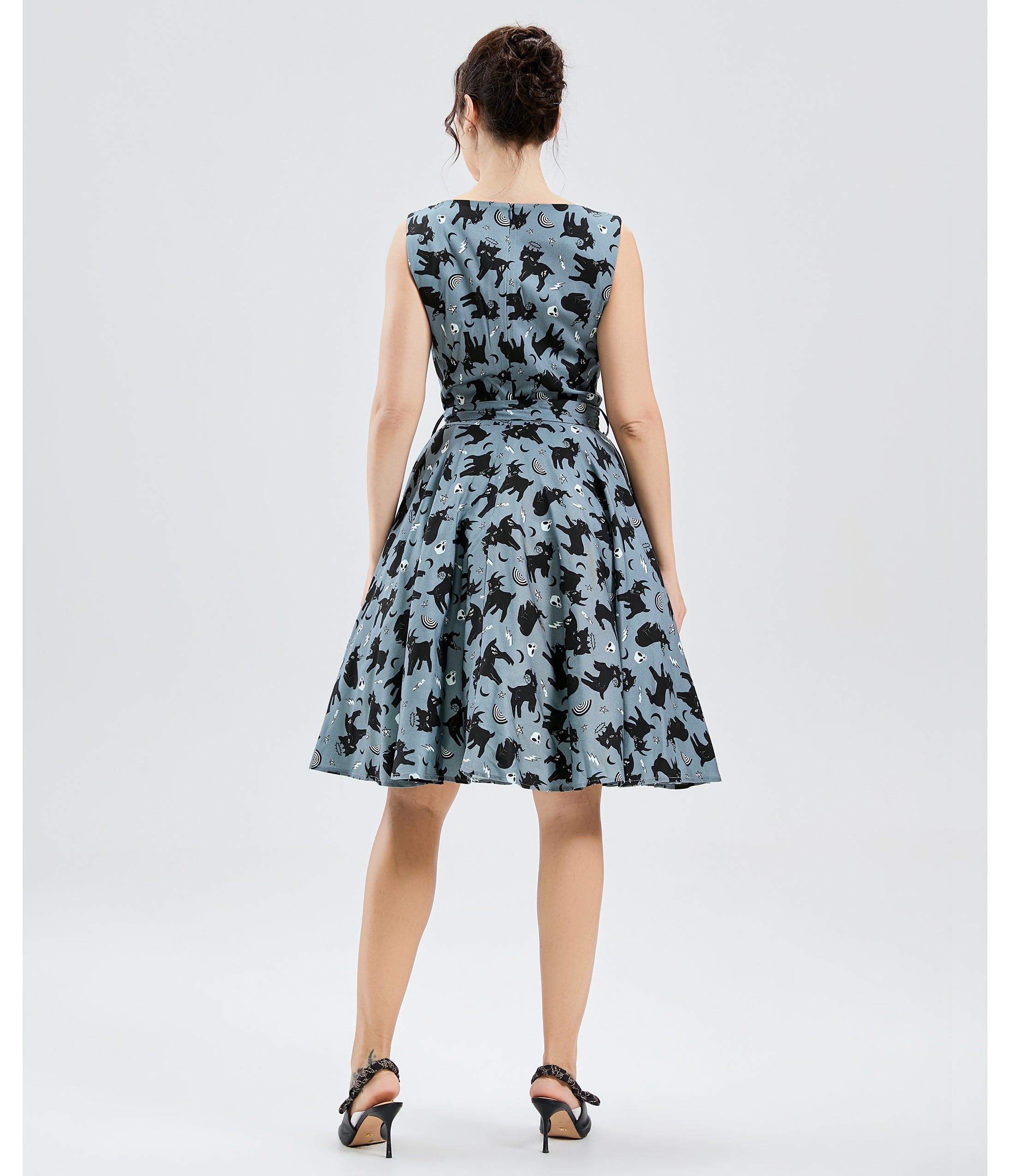 Blue & Black Cat Print Cotton Swing Dress