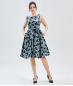 Blue & Black Cat Print Cotton Swing Dress