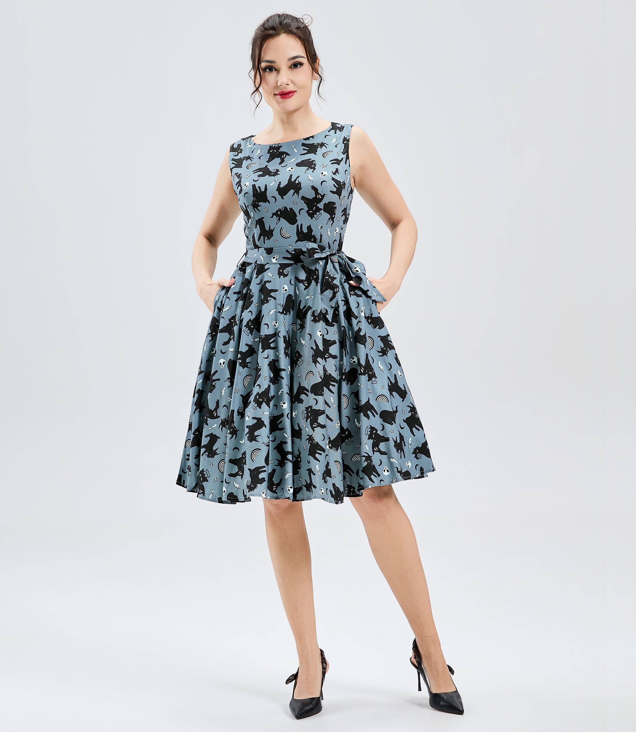 Blue & Black Cat Print Cotton Swing Dress