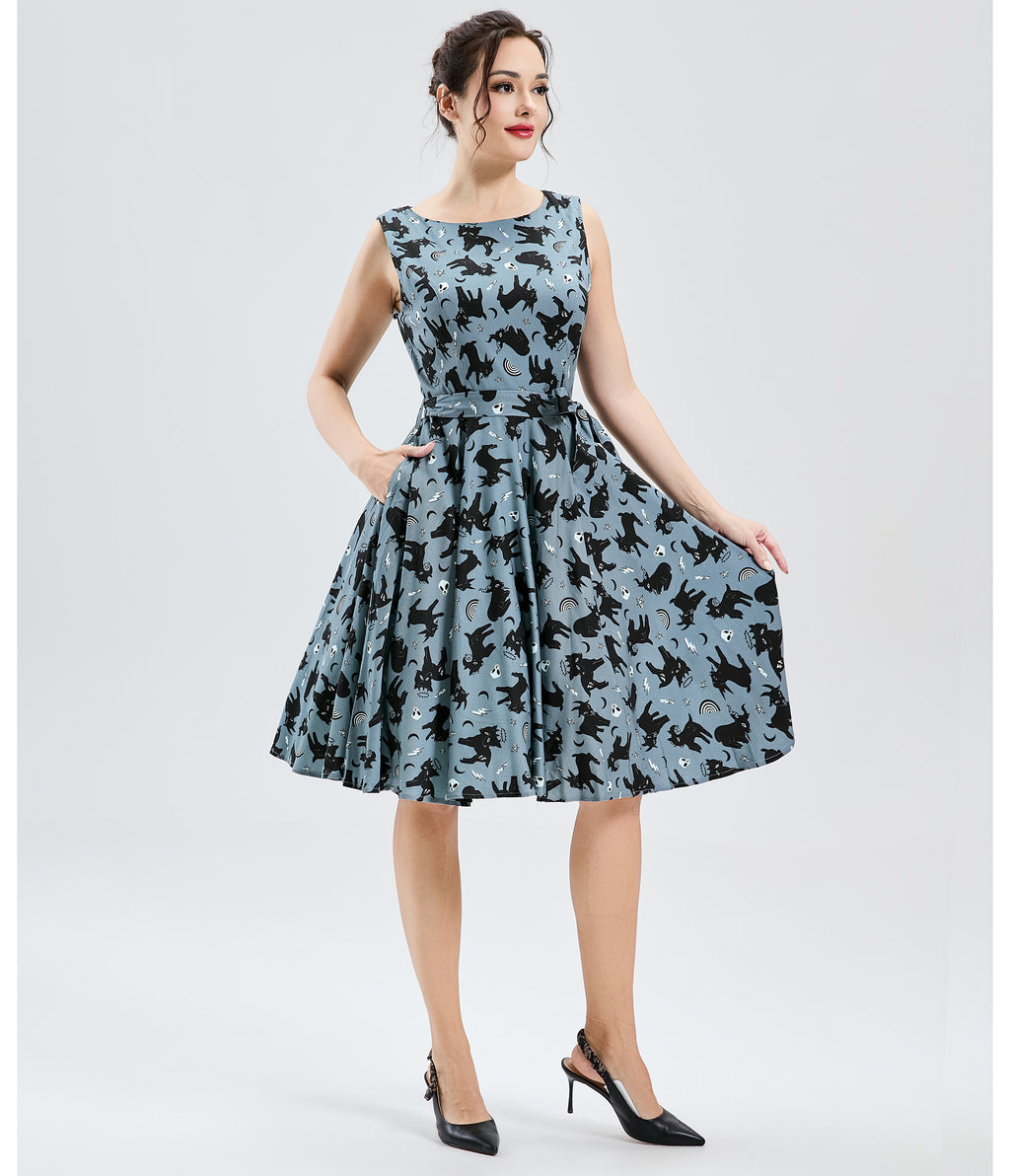 Blue & Black Cat Print Cotton Swing Dress