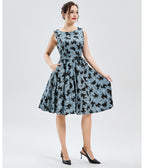 Blue & Black Cat Print Cotton Swing Dress