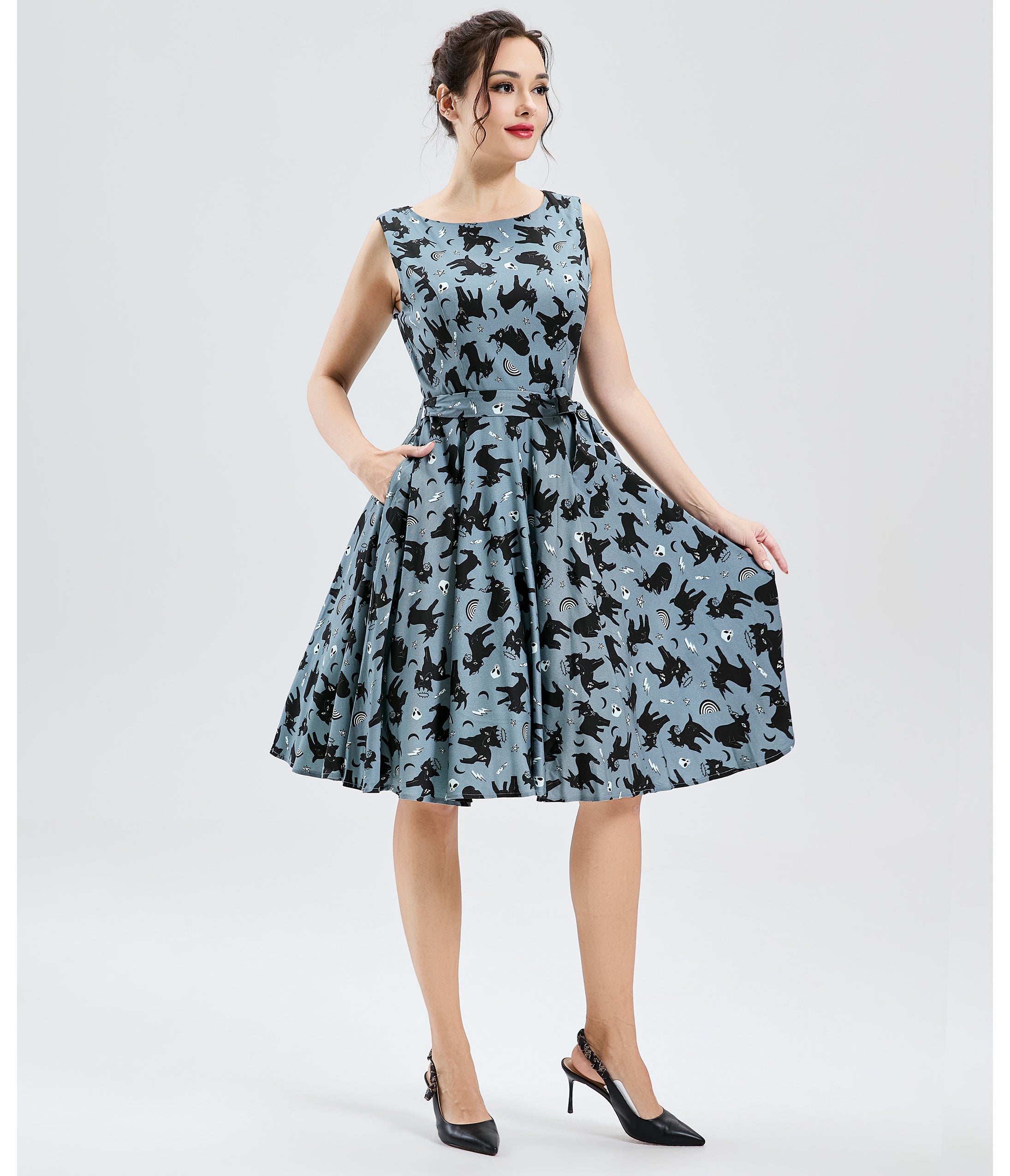 Blue & Black Cat Print Cotton Swing Dress