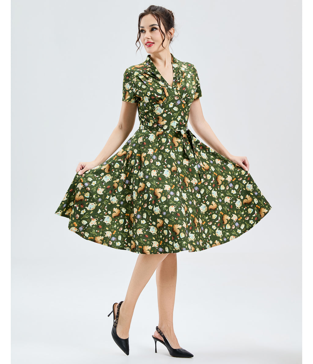 Green Teapots & Critters Print Swing Dress