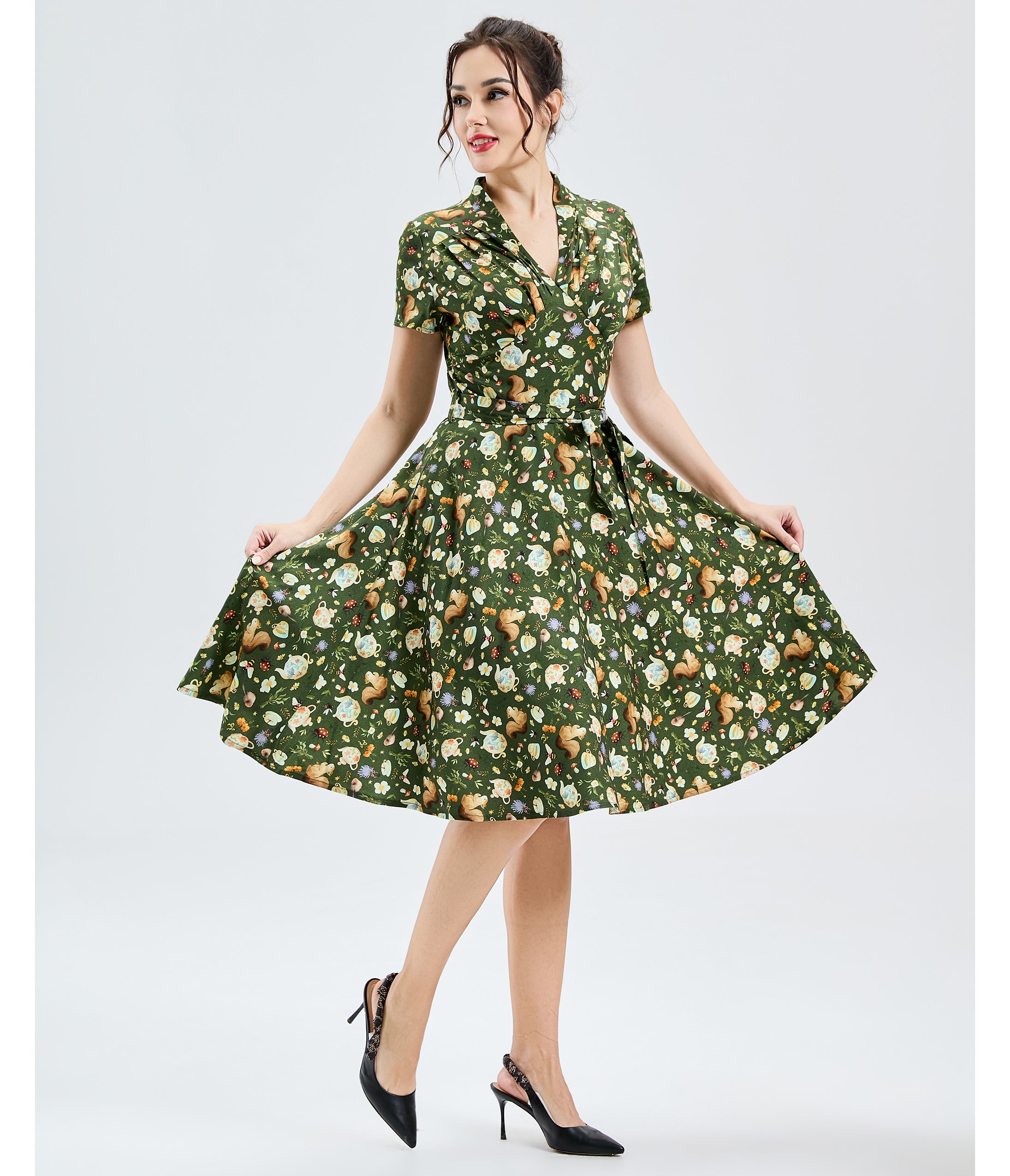 Green Teapots & Critters Print Swing Dress