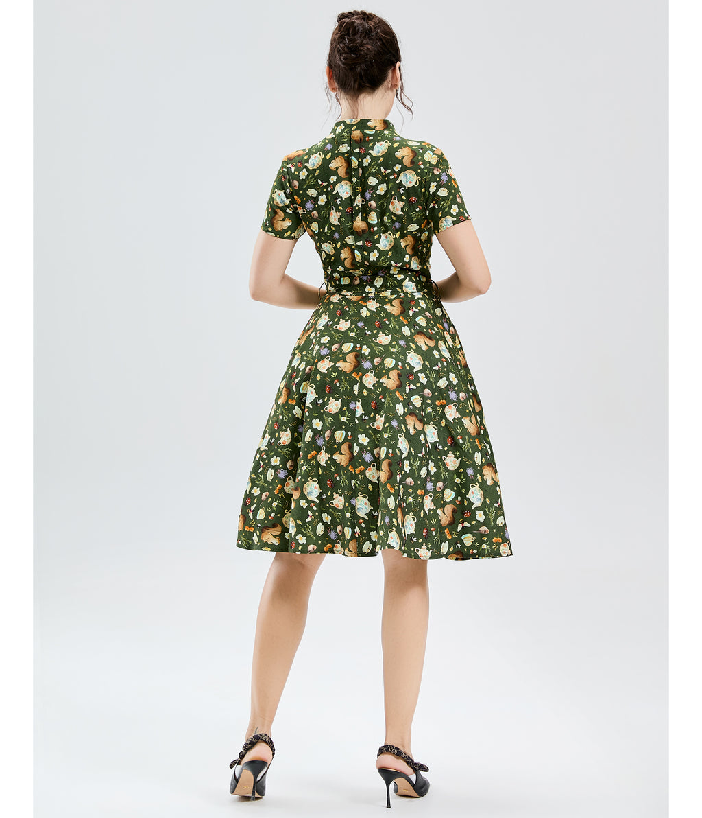 Green Teapots & Critters Print Swing Dress