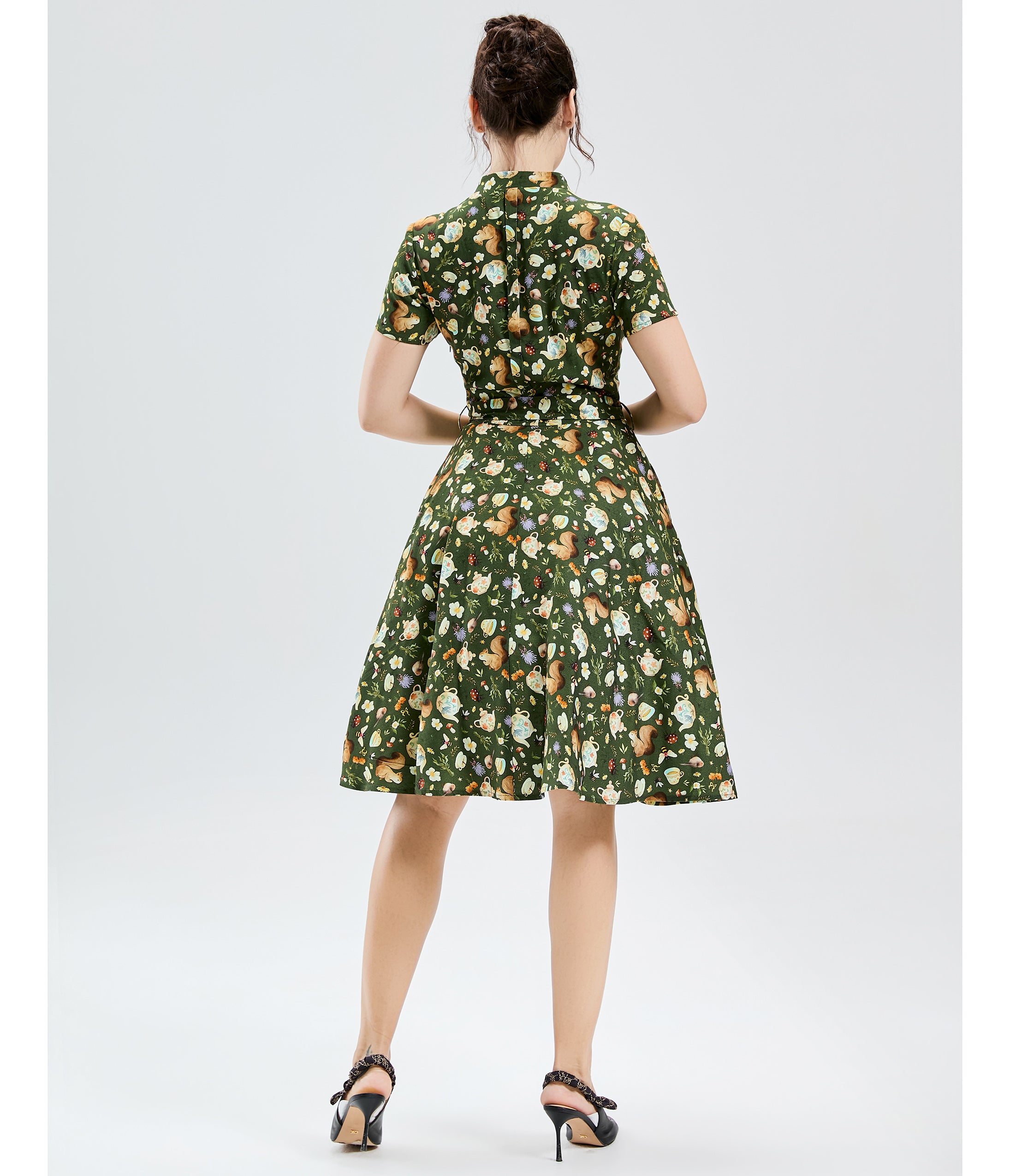 Green Teapots & Critters Print Swing Dress