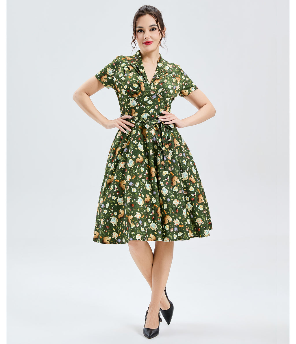 Green Teapots & Critters Print Swing Dress
