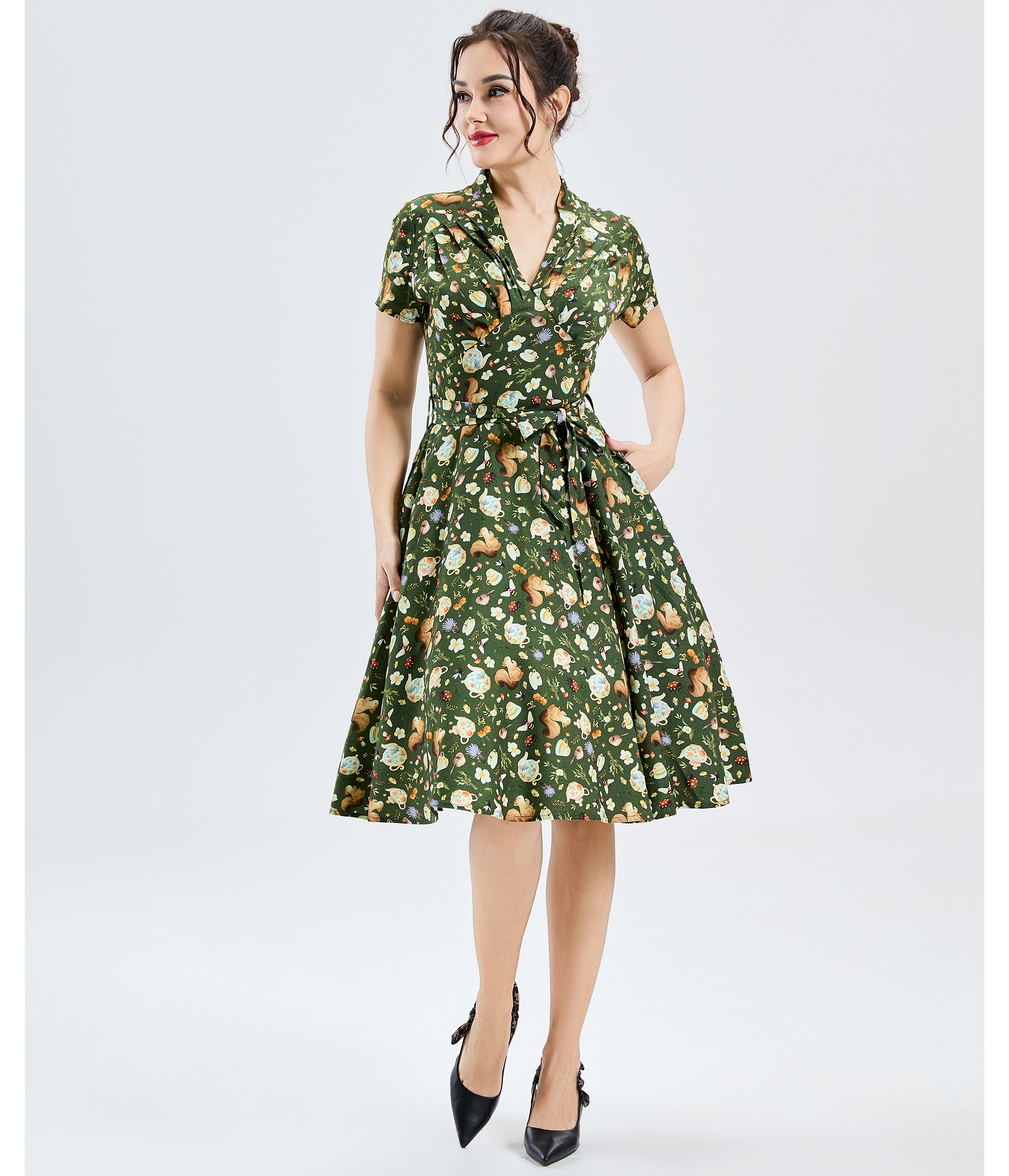 Green Teapots & Critters Print Swing Dress