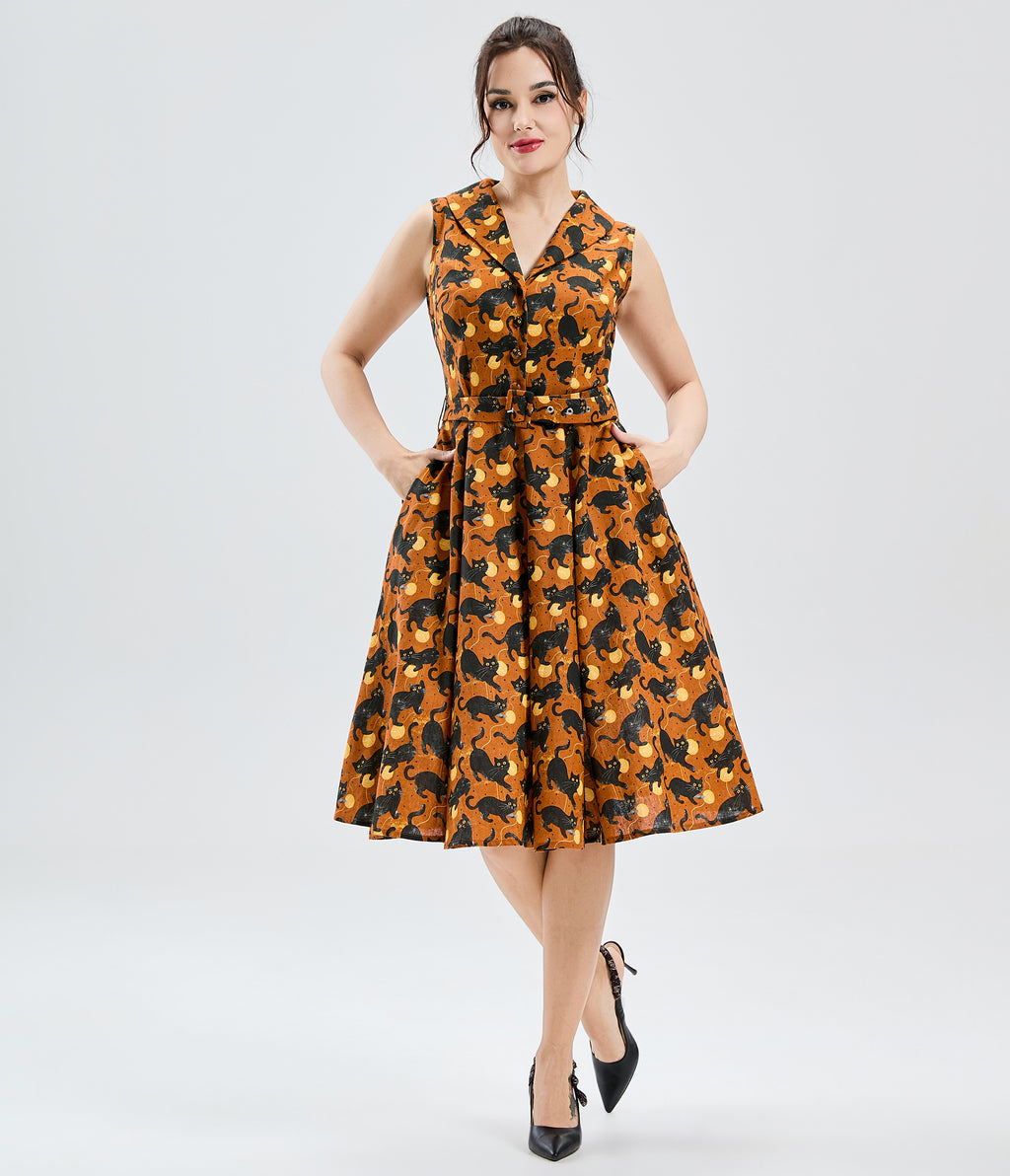 Orange Black Cat Print Jani Swing Dress