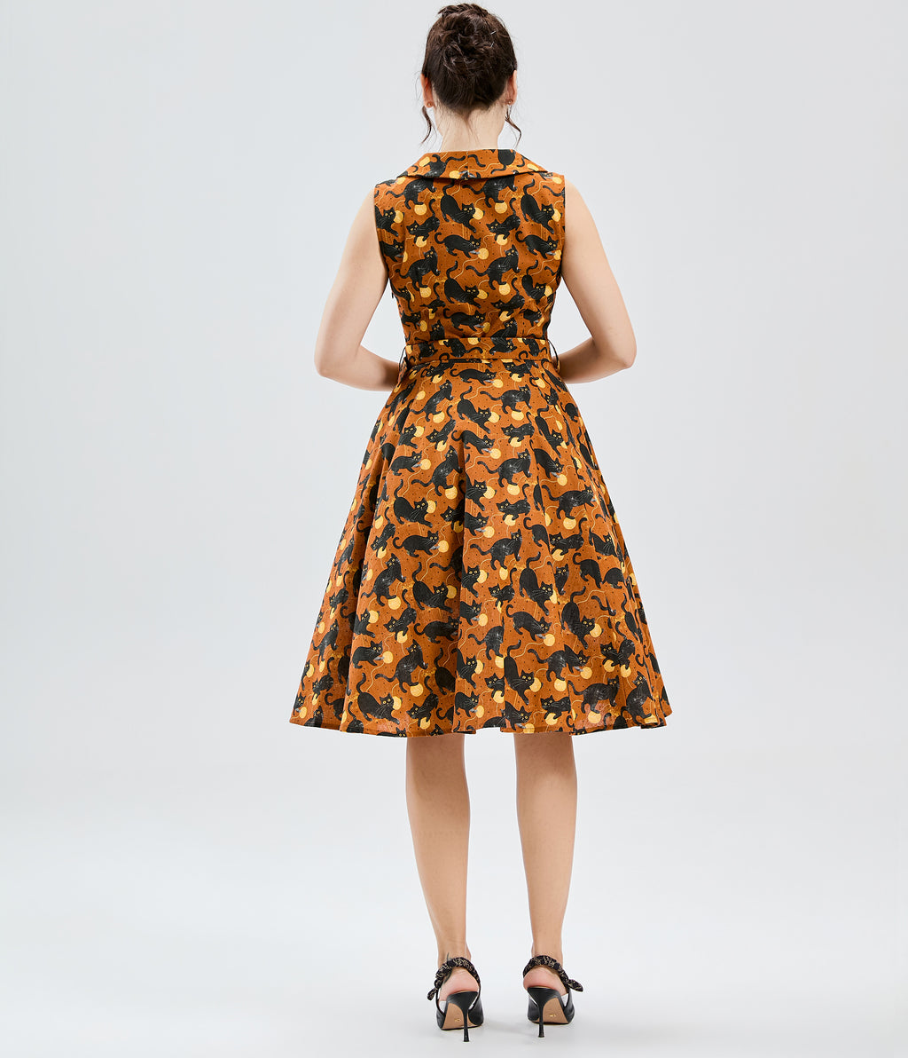 Orange Black Cat Print Jani Swing Dress