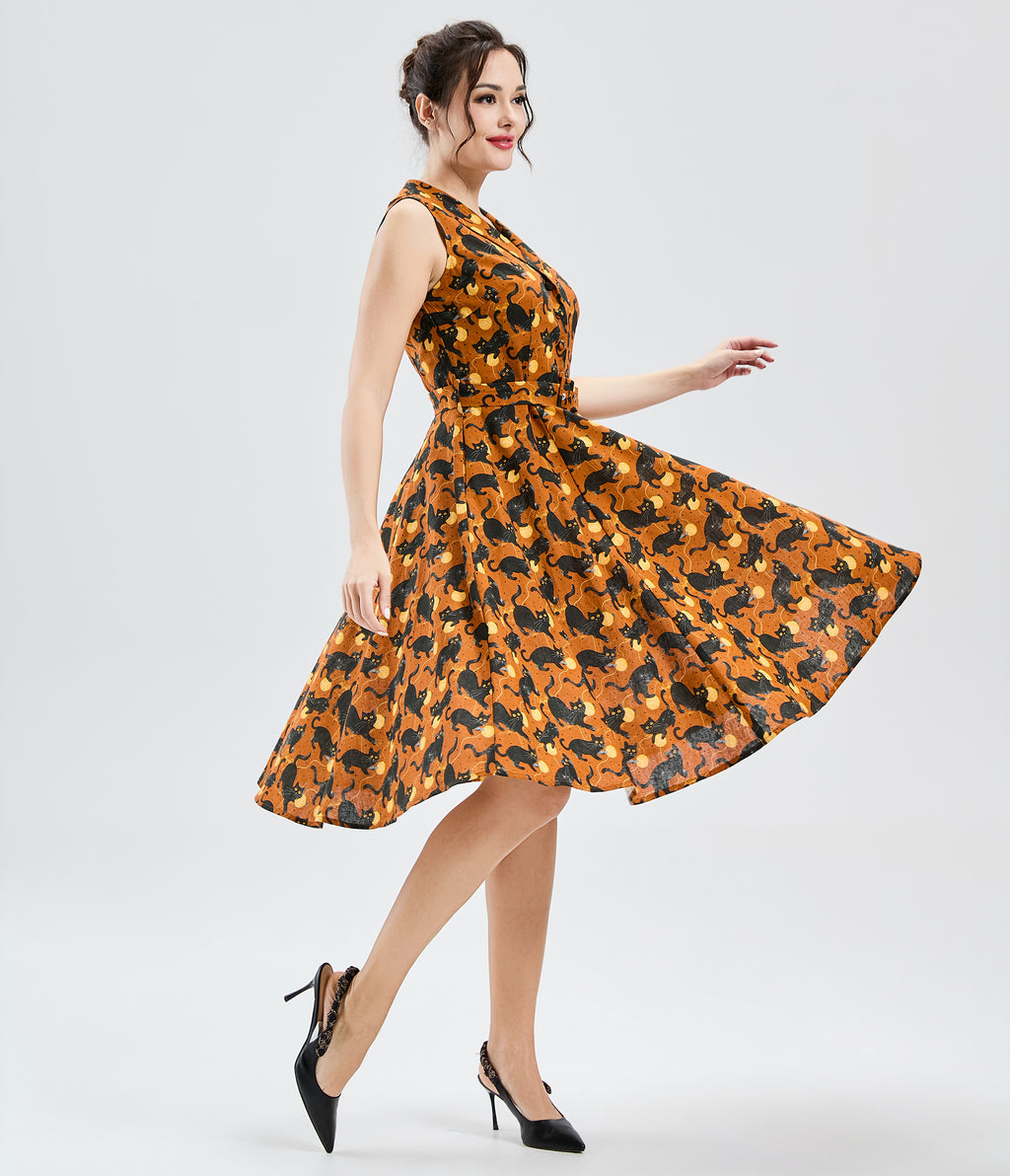 Orange Black Cat Print Jani Swing Dress