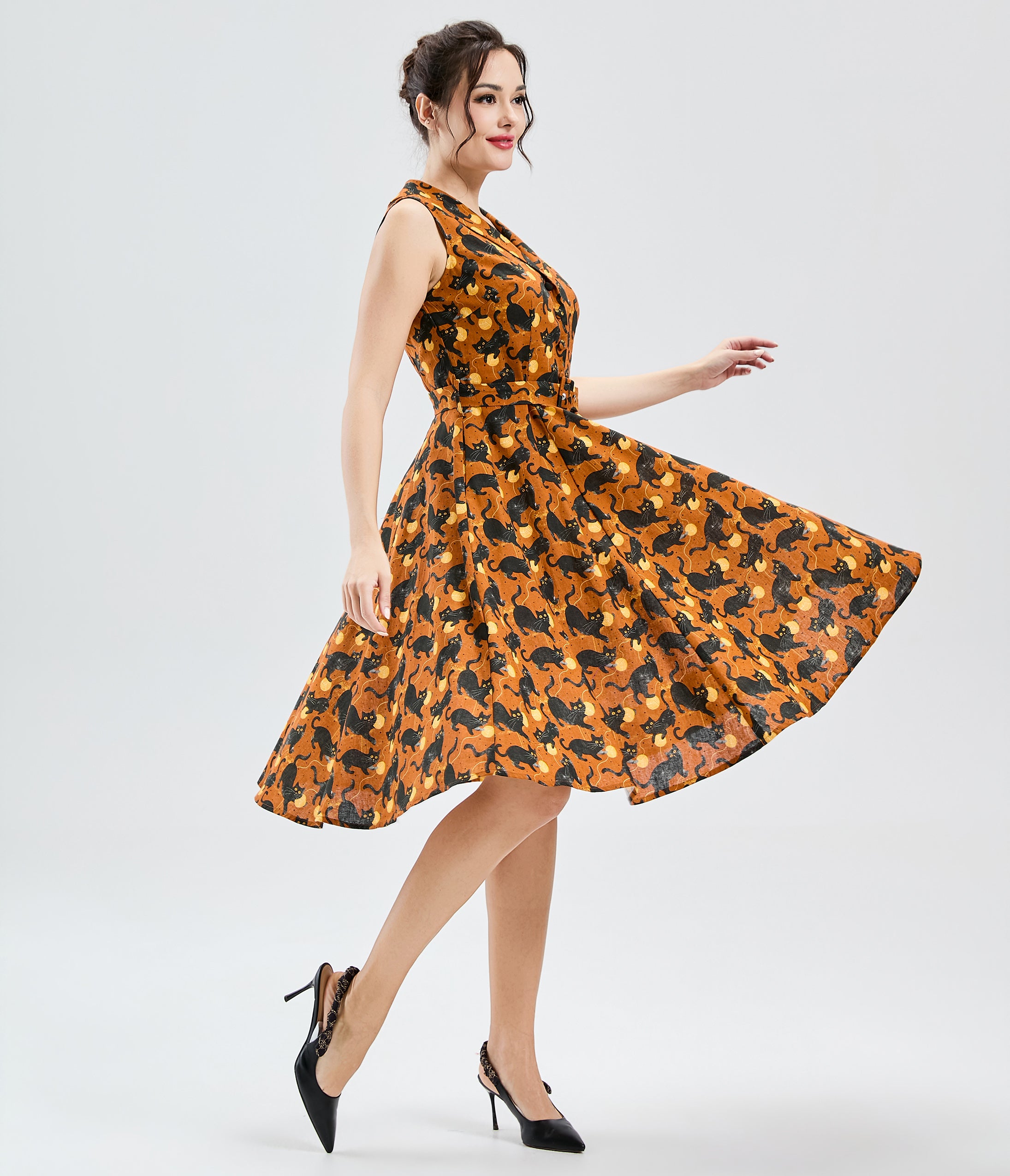 Orange Black Cat Print Jani Swing Dress