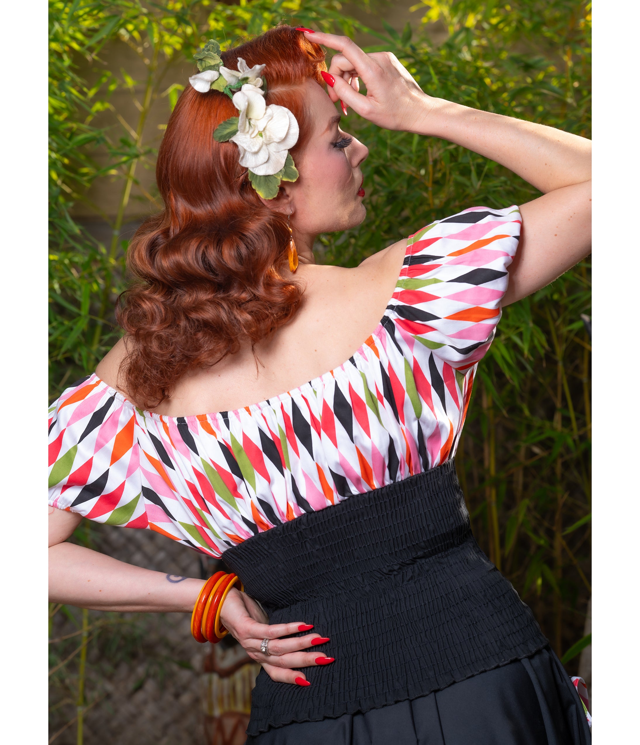 Multicolor Diamond Print Peasant Top
