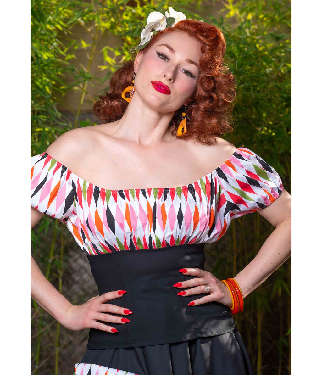 Multicolor Diamond Print Peasant Top
